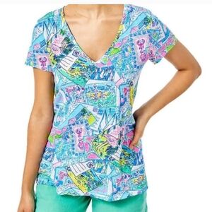 LILLY PULITZER NWT VNECK HI LOW. SMALL." Pop Up Wish You Were Here" Print.